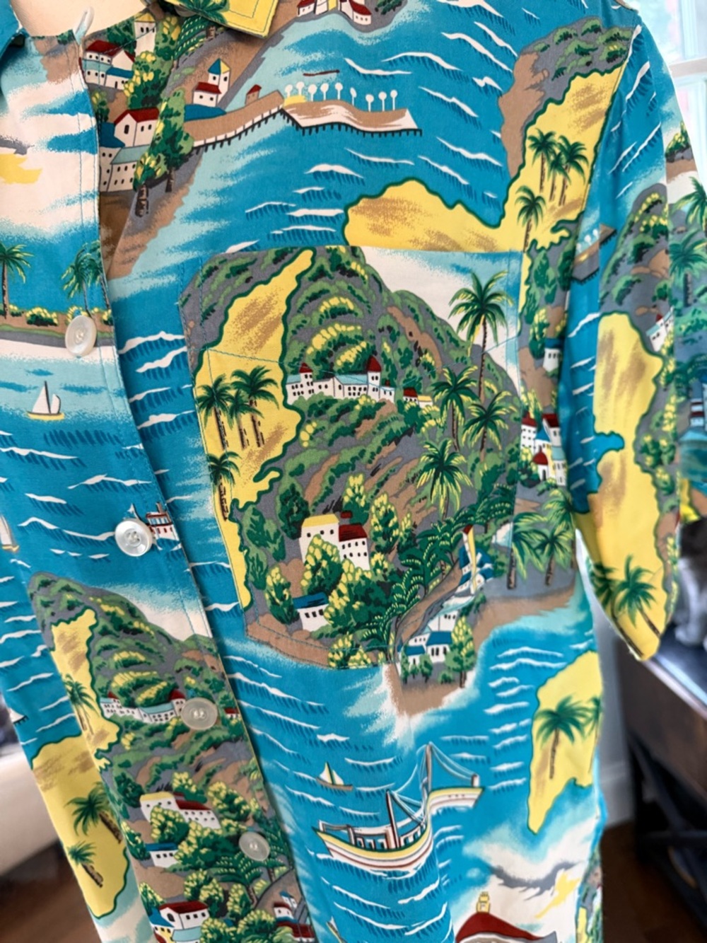 Vintage Liz Sport Women's Blue Tropical Button-Down Shirt Medium - Picture 3 of 10